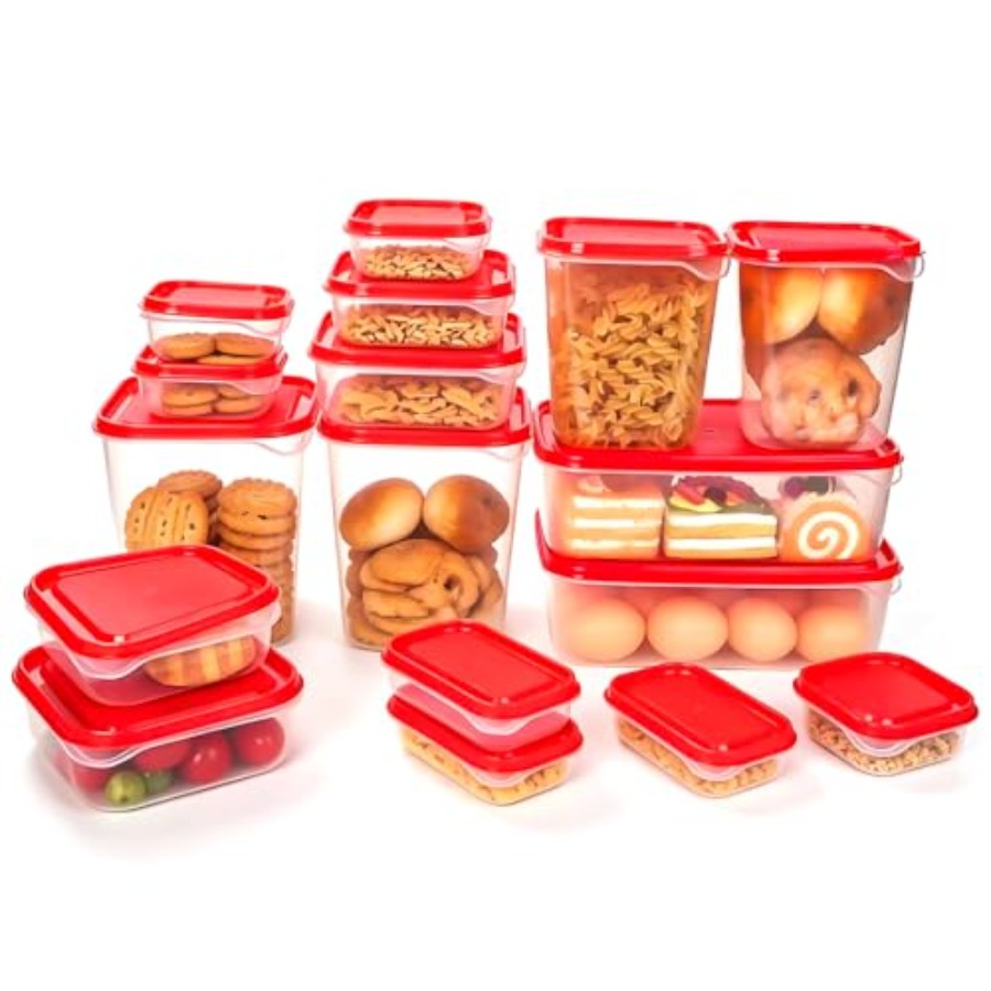 Food Storage Acrylic Containers - ชุดภาชนะเก็บอาหารพลาสติก 17 ชิ้น, ฝาปิดมีช่องระบายอากาศสีแดง ปราศจากสาร BPA,