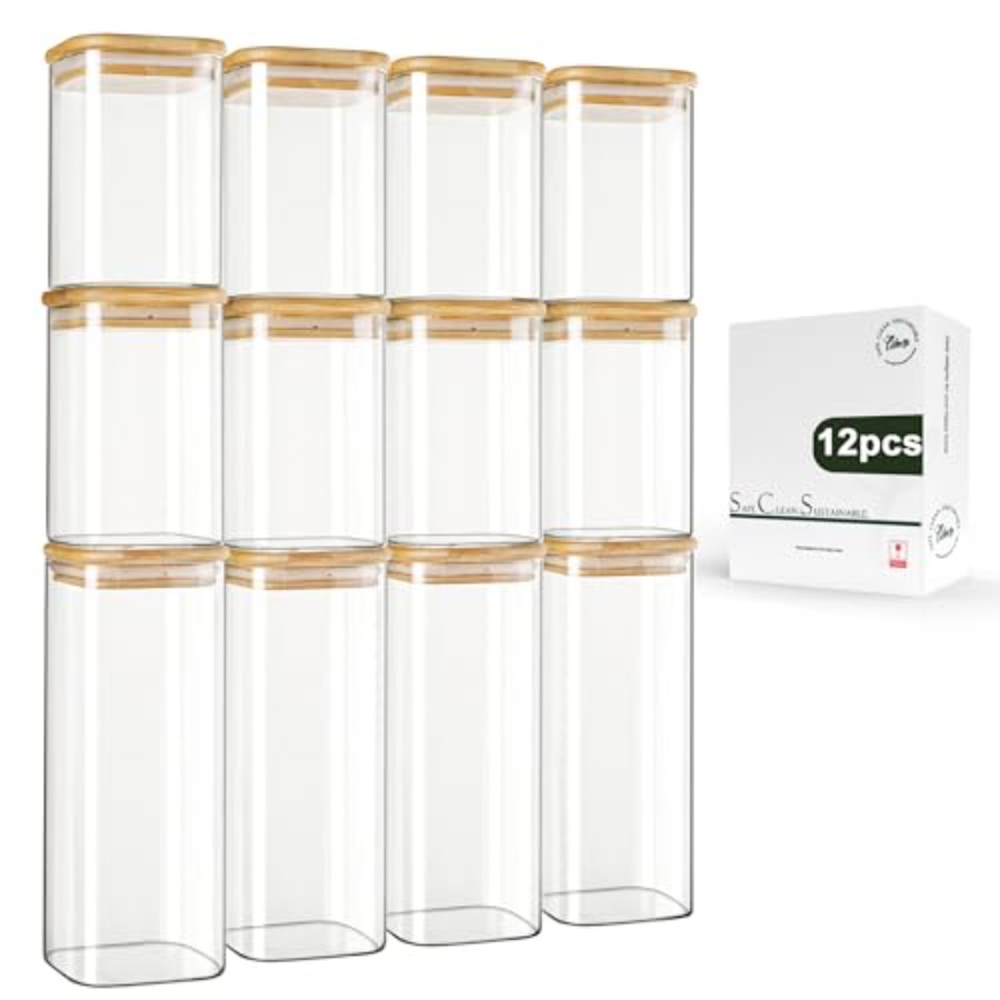 Food Storage Acrylic Containers - ชุดโหลแก้วทรงสี่เหลี่ยมพร้อมฝาไม้ไผ่ 12 ชิ้น ขนาด 0.6Qt/1.06Qt -