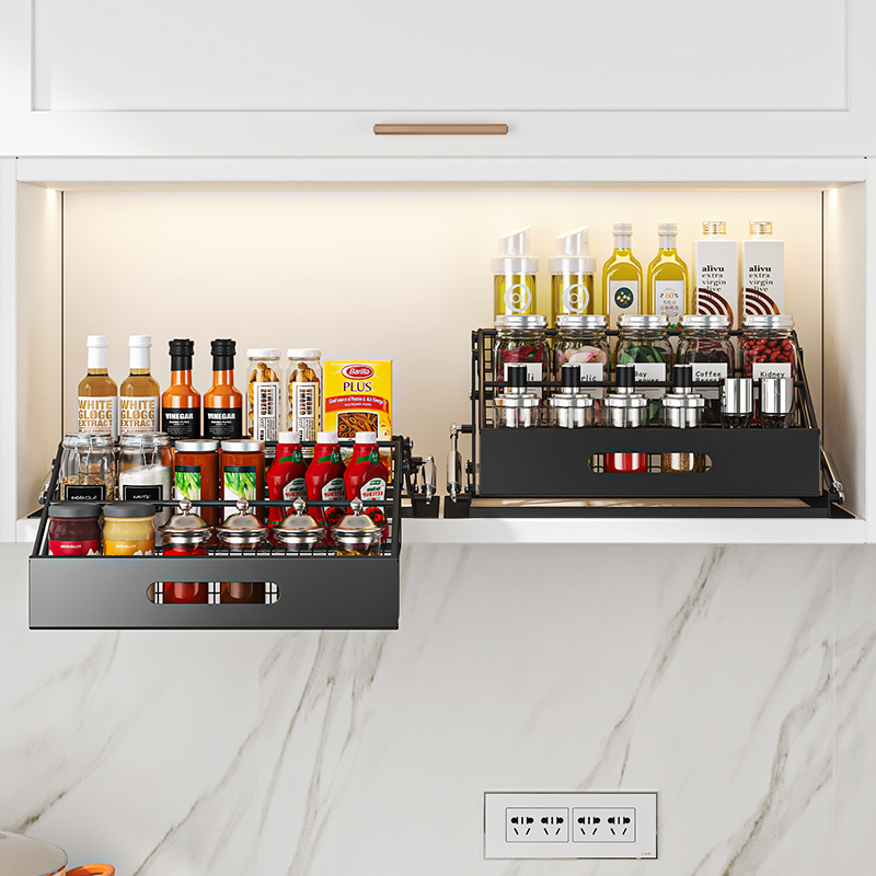 Food Storage Shelving - ชั้นวางของในครัวแบบดึงลงได้ 3 ชั้น 1 ชิ้น ชั้นวางเครื่องปรุงแบบยืดหดได้ใต้ตู้