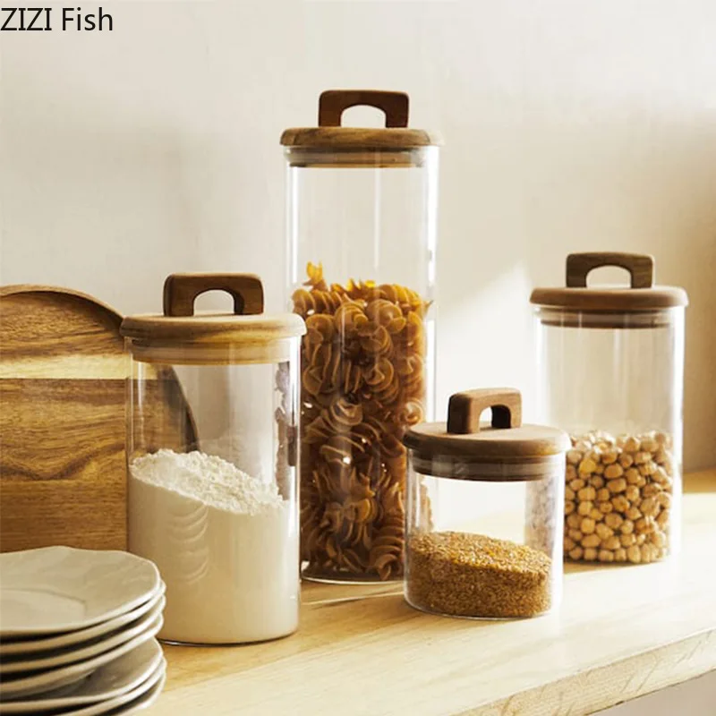 Food Storage Lidl - โหลแก้วฝาไม้ ดีไซน์ทันสมัย สำหรับเก็บของใช้ในบ้าน โหลเก็บธัญพืช ภาชนะเก็บอาหารในครัว ปิดผนึกอย่างดี