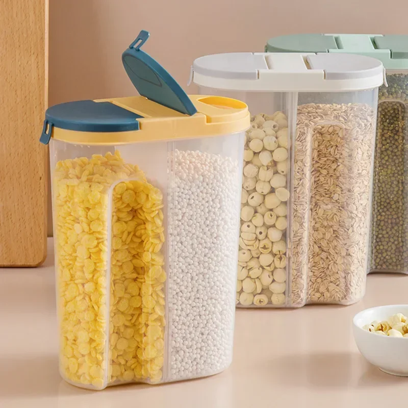 Food Storage Lidl - M/L Double Grid ธัญพืช Jar ภาชนะเก็บอาหารพลาสติกห้องครัวเป็นมิตรกับสิ่งแวดล้อมกล่องคุกกี้ธัญพืชแห้งถังพร้อมฝาปิด