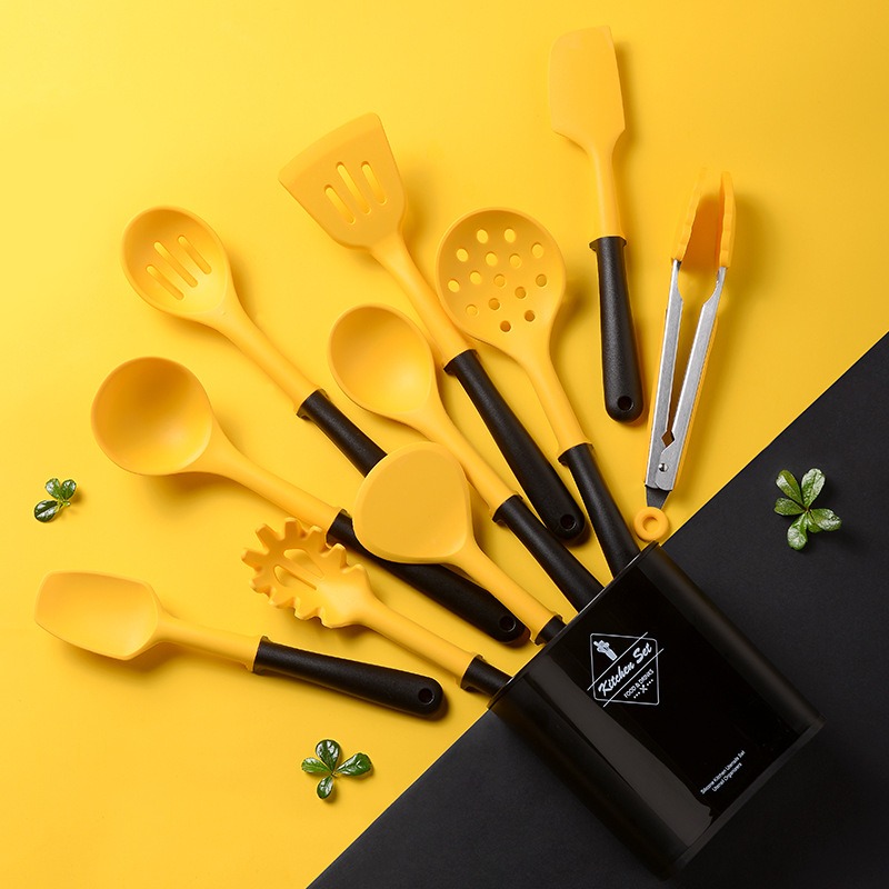 Food Storage Yellow - 10PCS เกรดอาหารสีเหลืองชุดอุปกรณ์ทำอาหารทนความร้อน Non-Stick เครื่องครัวที่มีกล่องเก็บซิลิโคนเครื่องครัว