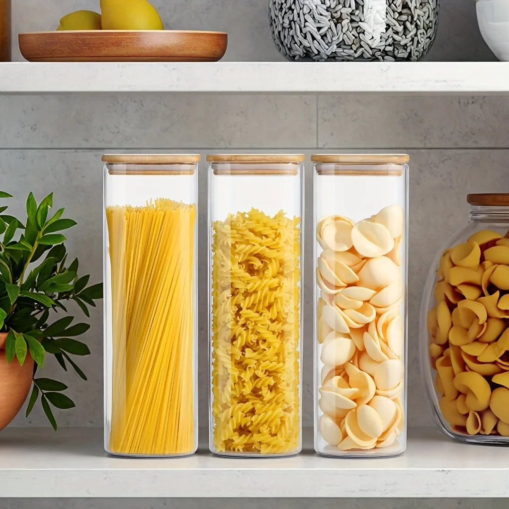 Food Storage Acrylic Containers - กระปุกแก้วเก็บอาหารทรงสี่เหลี่ยมขนาด 26/42 ออนซ์ ฝาไม้ไผ่ พร้อมโลโก้ สำหรับเก็บอาหารในครัว
