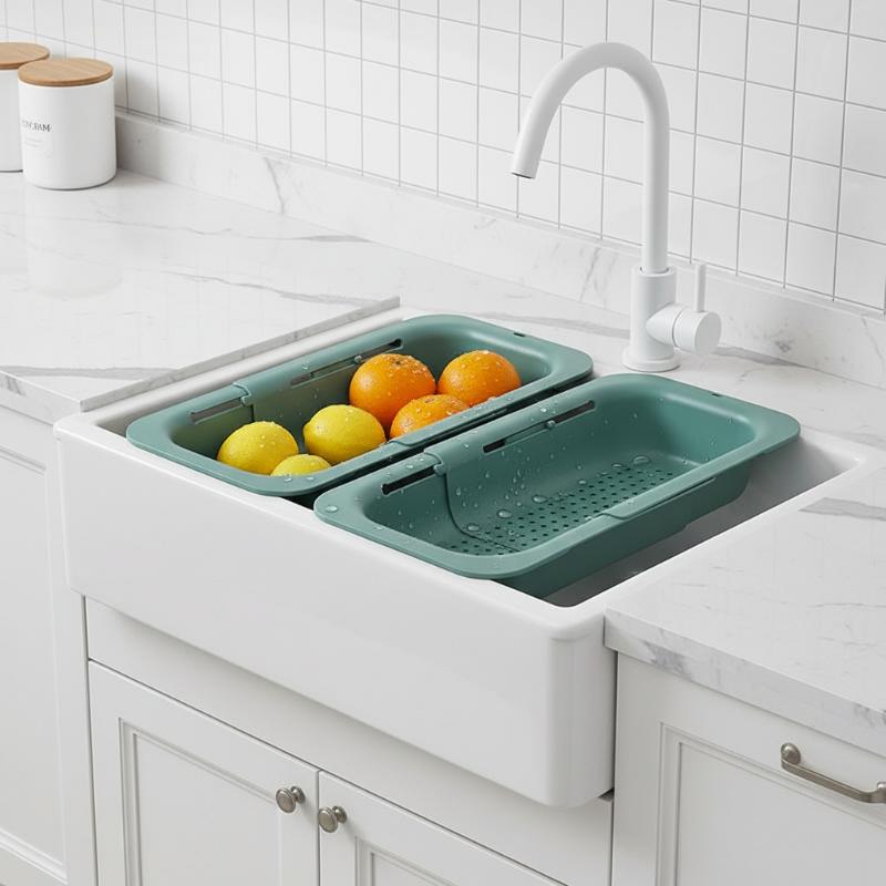 Food Storage Non Toxic - ตะกร้าระบายน้ำแบบยืดหดได้, ตะกร้าเก็บของในอ่างล้างจานน้ำหนักเบา, ทำจากพลาสติกปลอดสารพิษ, ปลอดภัยต่อการสัมผัสอาหาร, ติดตั้งง่าย