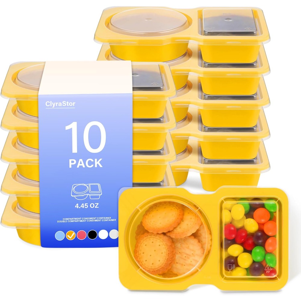 Food Storage Yellow - ภาชนะพลาสติกใส่อาหารแบบใช้แล้วทิ้ง 2 ช่องพร้อมฝาปิด 10 แพ็ค กล่องเก็บอาหารสีเหลืองสำหรับซอส
