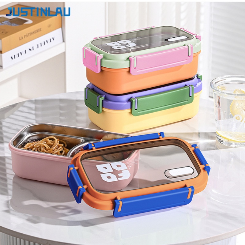 Food Storage Underground - JUSTINLAU 2 กริด กล่องเบนโตะสแตนเลสภาชนะใส่อาหารกลางวันแซนวิชขนมผลไม้สลัดกล่องเก็บอาหารบ้าน/สำนักงานบนโต๊ะอาหาร