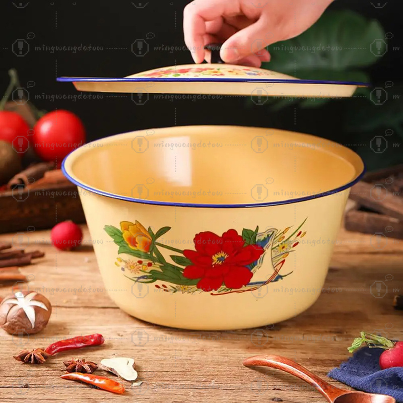 Food Storage Yellow - หม้อเคลือบสำหรับเก็บอาหาร ชามเคลือบสไตล์วินเทจ ภาชนะใส่เค้กพร้อมฝาปิด ชามเสิร์ฟซุปสลัดแบบเอเชีย หม้อใส่เนยสีเหลือง